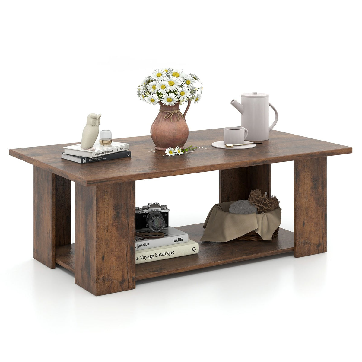 Large 36/41 Inch 2-tier Wooden Modern Coffee Table with Storage Shelf-Coffee view 4