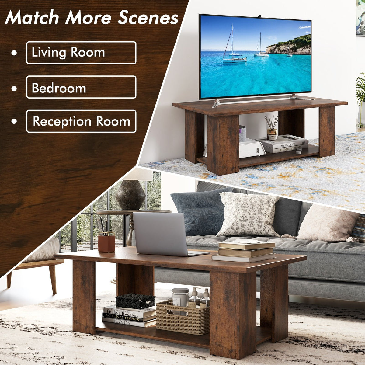 Large 36/41 Inch 2-tier Wooden Modern Coffee Table with Storage Shelf-Coffee view 7