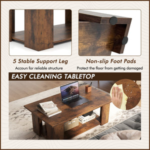 Large 36/41 Inch 2-tier Wooden Modern Coffee Table with Storage Shelf-Coffee view 9