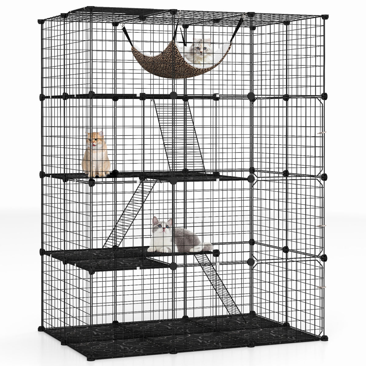 Large 4-Tier Cat Cage with Skylight and Hammock for 1-4 Cats-Black