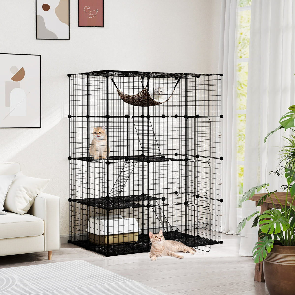 Large 4-Tier Cat Cage with Skylight and Hammock for 1-4 Cats-Black view 3