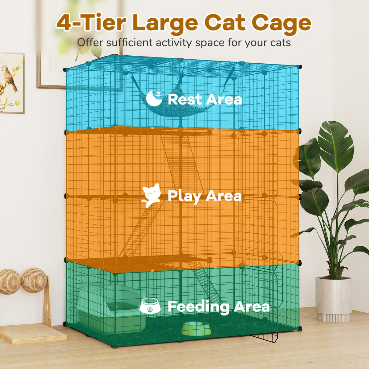 Large 4-Tier Cat Cage with Skylight and Hammock for 1-4 Cats-Black view 6