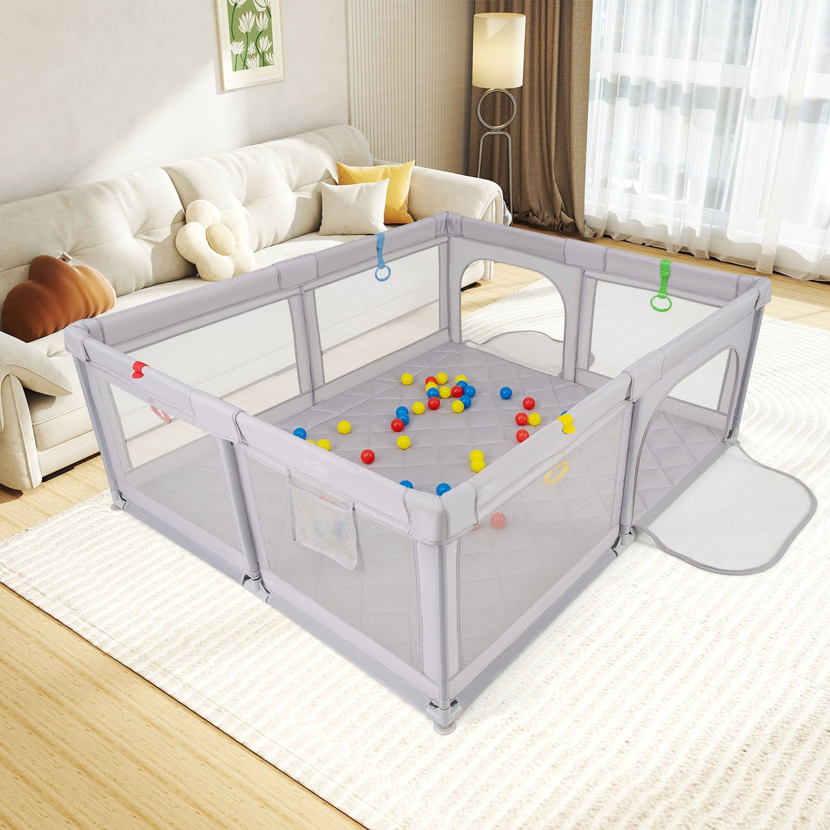 Large Baby Playpen with Pull Rings and Ocean Balls-Gray view 2