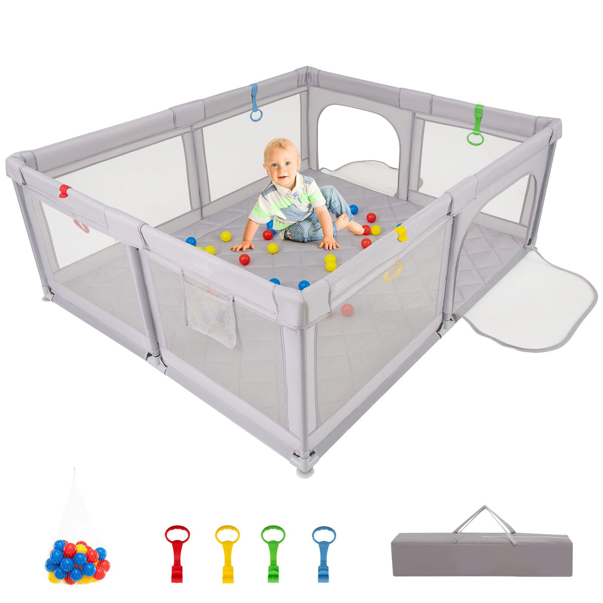 Large Baby Playpen with Pull Rings and Ocean Balls-Gray view 3