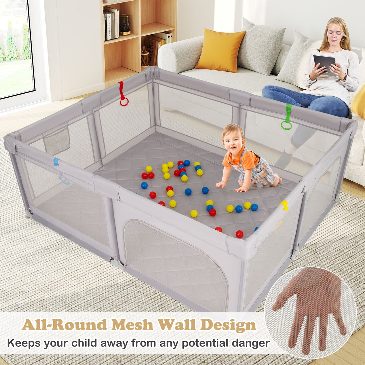 Large Baby Playpen with Pull Rings and Ocean Balls-Gray view 5