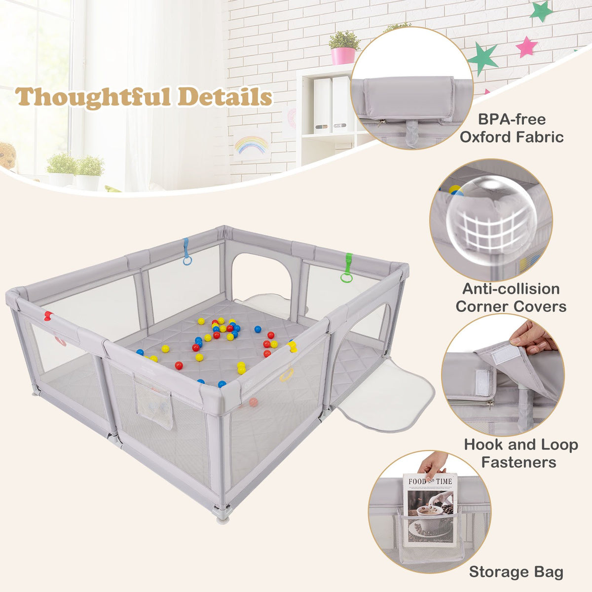 Large Baby Playpen with Pull Rings and Ocean Balls-Gray view 6