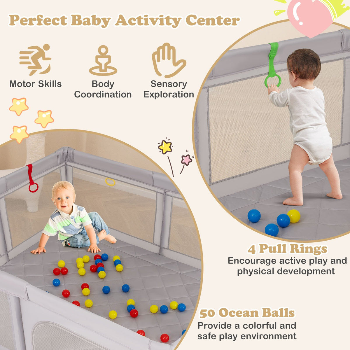 Large Baby Playpen with Pull Rings and Ocean Balls-Gray view 7