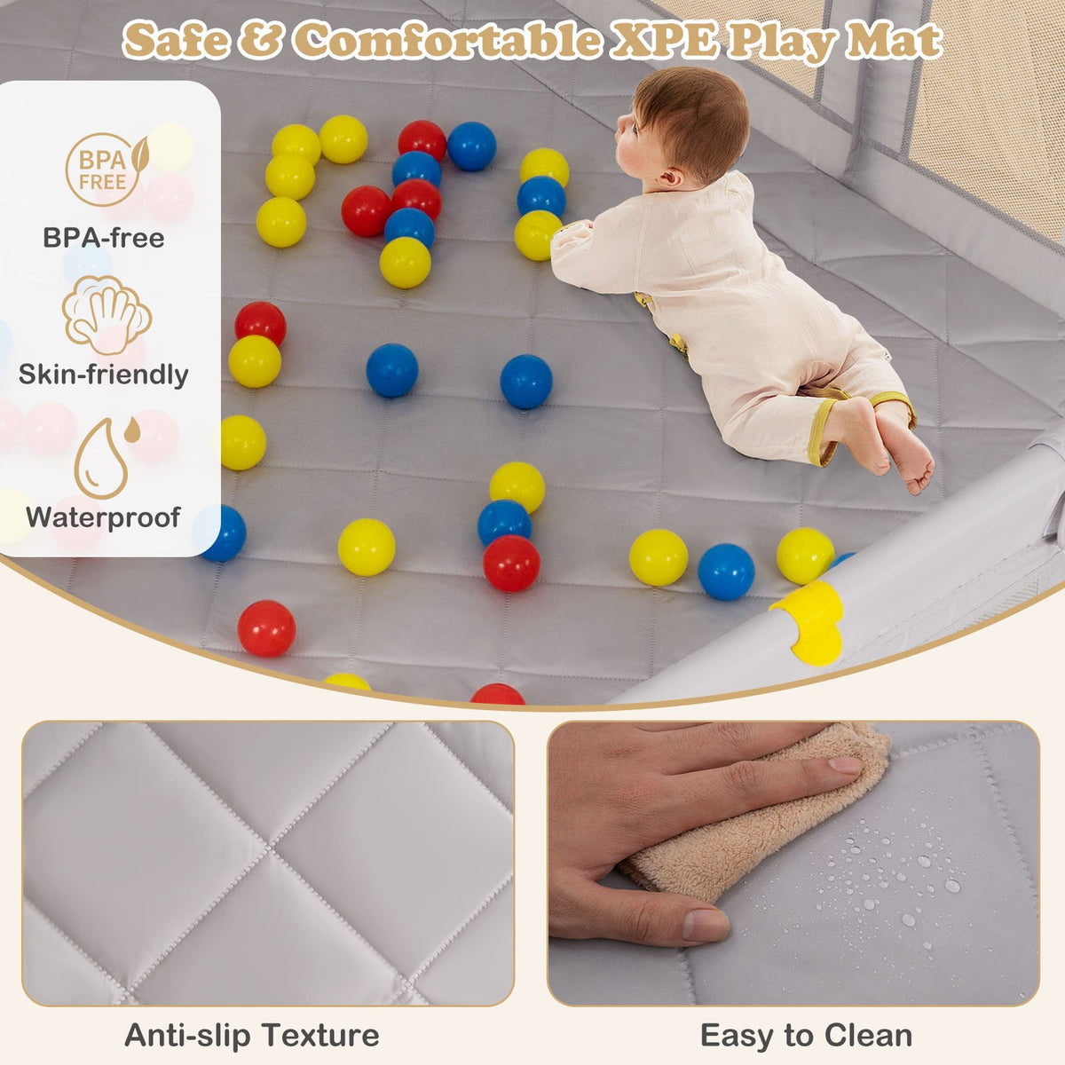 Large Baby Playpen with Pull Rings and Ocean Balls-Gray view 8