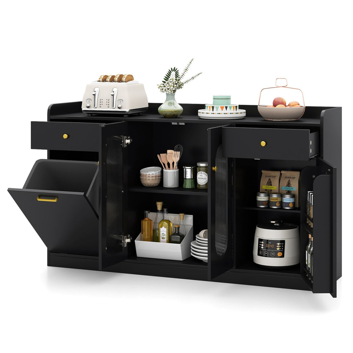 Large Buffet Cabinet Hidden Tilt Out Trash Can Cabinet with 2 Glass Doors-Black