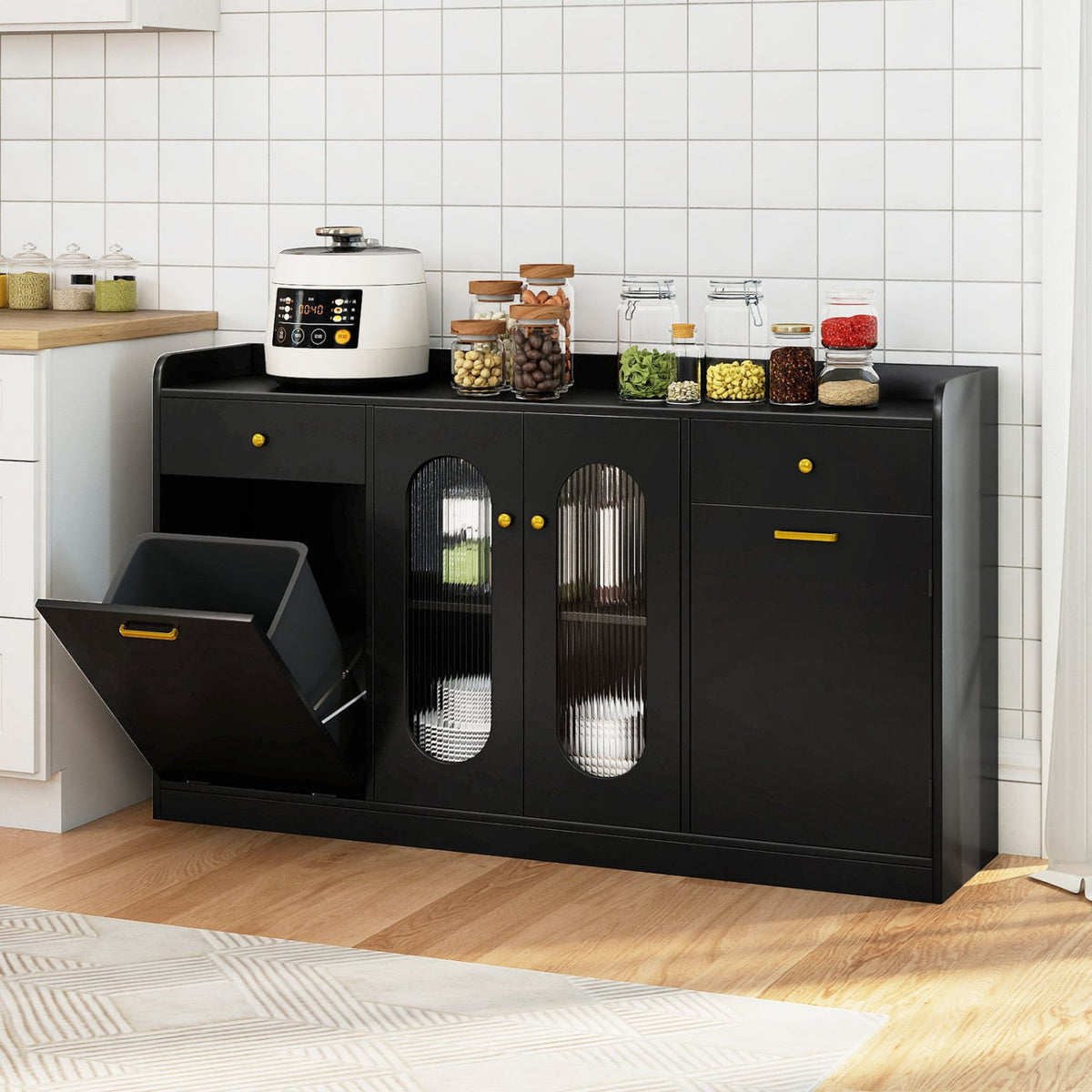 Large Buffet Cabinet Hidden Tilt Out Trash Can Cabinet with 2 Glass Doors-Black view 2