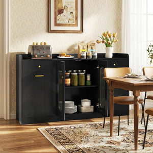 Large Buffet Cabinet Hidden Tilt Out Trash Can Cabinet with 2 Glass Doors-Black view 3
