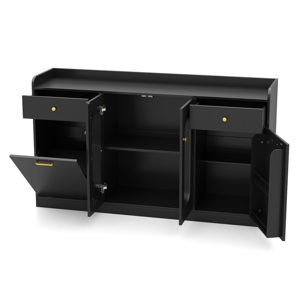 Large Buffet Cabinet Hidden Tilt Out Trash Can Cabinet with 2 Glass Doors-Black view 4