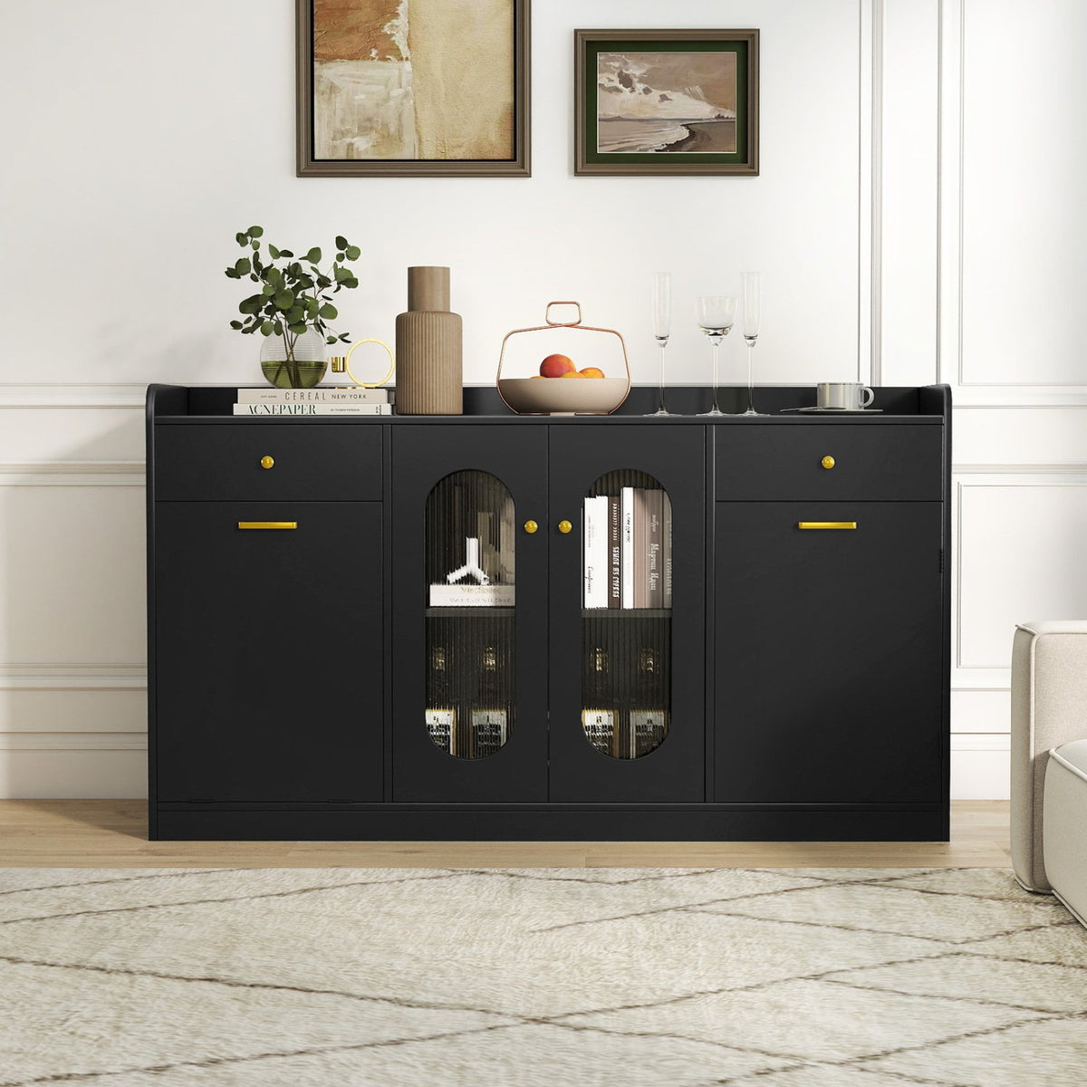 Large Buffet Cabinet Hidden Tilt Out Trash Can Cabinet with 2 Glass Doors-Black view 6