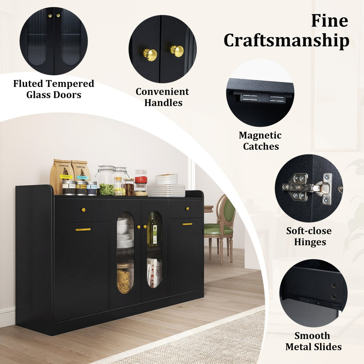 Large Buffet Cabinet Hidden Tilt Out Trash Can Cabinet with 2 Glass Doors-Black view 7