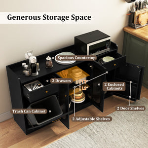 Large Buffet Cabinet Hidden Tilt Out Trash Can Cabinet with 2 Glass Doors-Black view 8