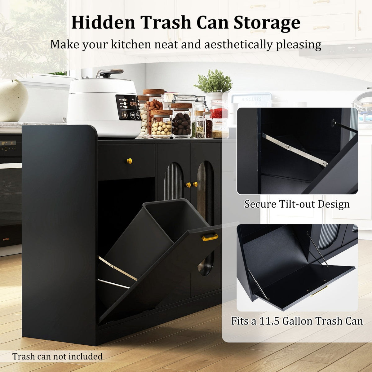 Large Buffet Cabinet Hidden Tilt Out Trash Can Cabinet with 2 Glass Doors-Black view 9