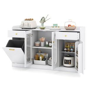 Large Buffet Cabinet Hidden Tilt Out Trash Can Cabinet with 2 Glass Doors-White