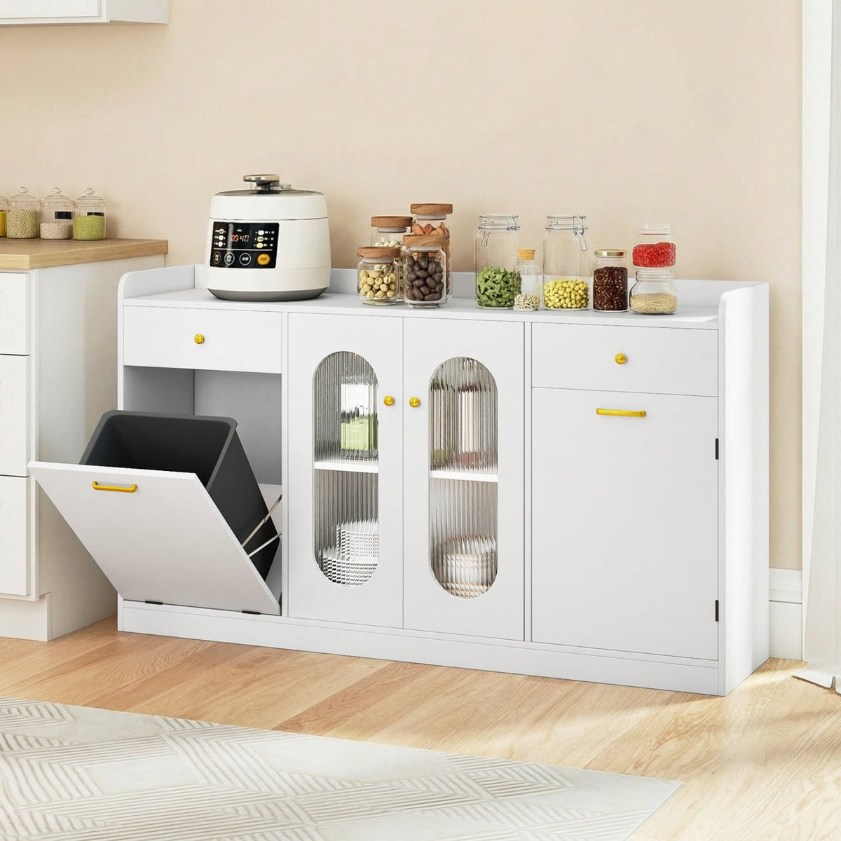 Large Buffet Cabinet Hidden Tilt Out Trash Can Cabinet with 2 Glass Doors-White view 2