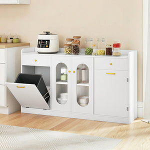 Large Buffet Cabinet Hidden Tilt Out Trash Can Cabinet with 2 Glass Doors-White view 2