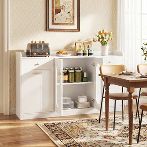 Large Buffet Cabinet Hidden Tilt Out Trash Can Cabinet with 2 Glass Doors-White view 3