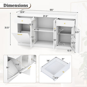 Large Buffet Cabinet Hidden Tilt Out Trash Can Cabinet with 2 Glass Doors-White view 5