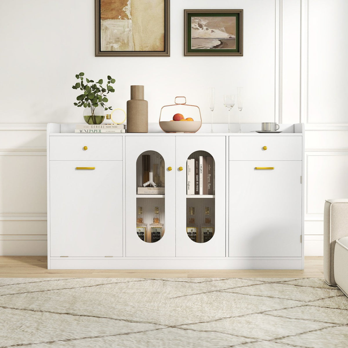 Large Buffet Cabinet Hidden Tilt Out Trash Can Cabinet with 2 Glass Doors-White view 6