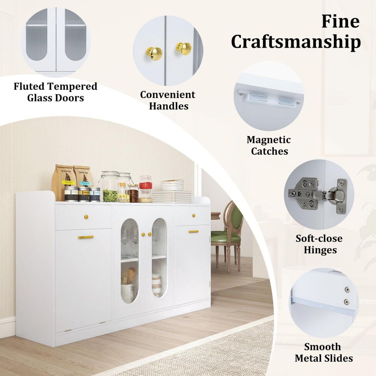 Large Buffet Cabinet Hidden Tilt Out Trash Can Cabinet with 2 Glass Doors-White view 7