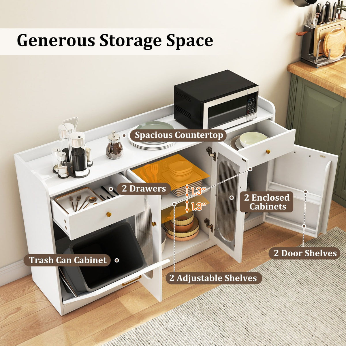 Large Buffet Cabinet Hidden Tilt Out Trash Can Cabinet with 2 Glass Doors-White view 8