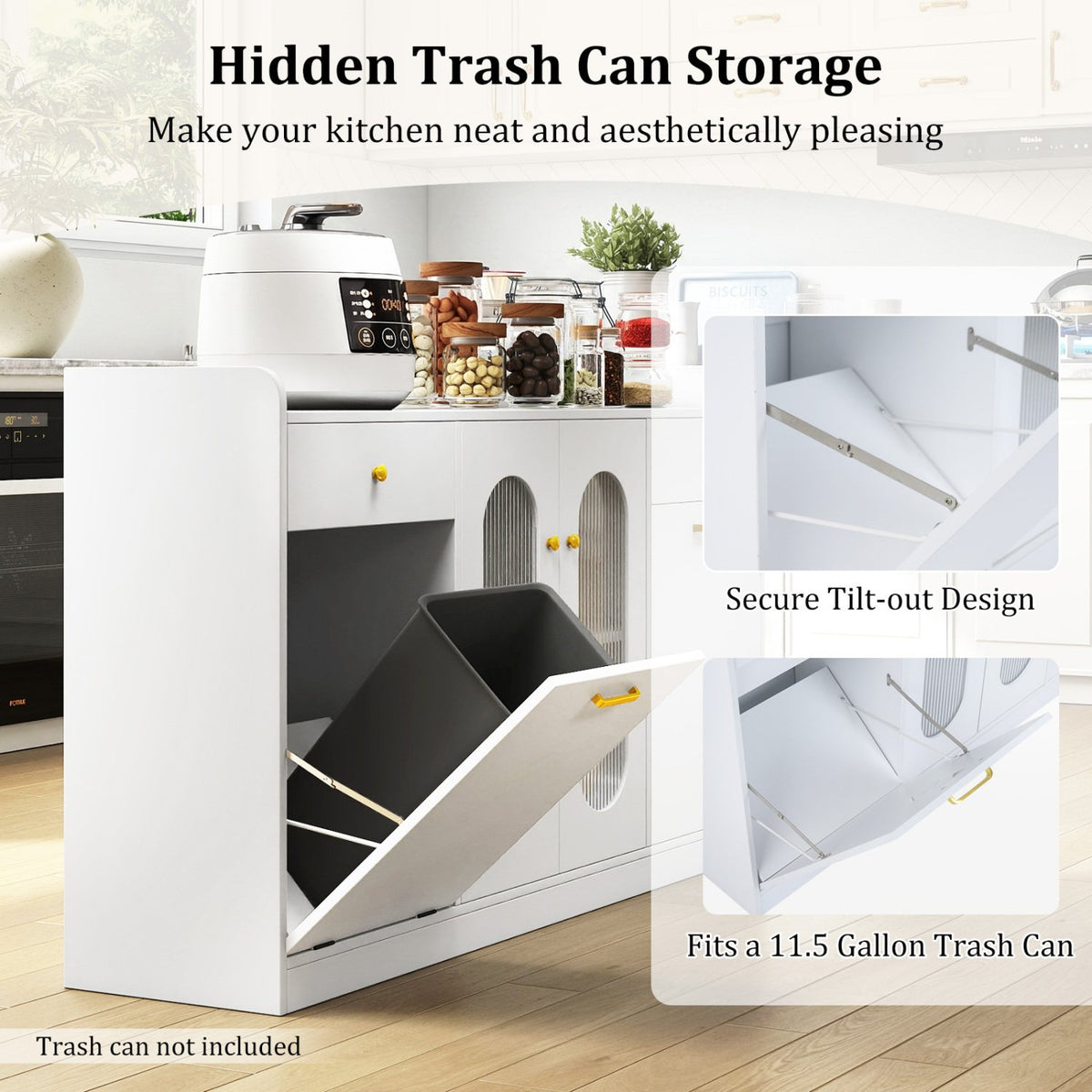 Large Buffet Cabinet Hidden Tilt Out Trash Can Cabinet with 2 Glass Doors-White view 9