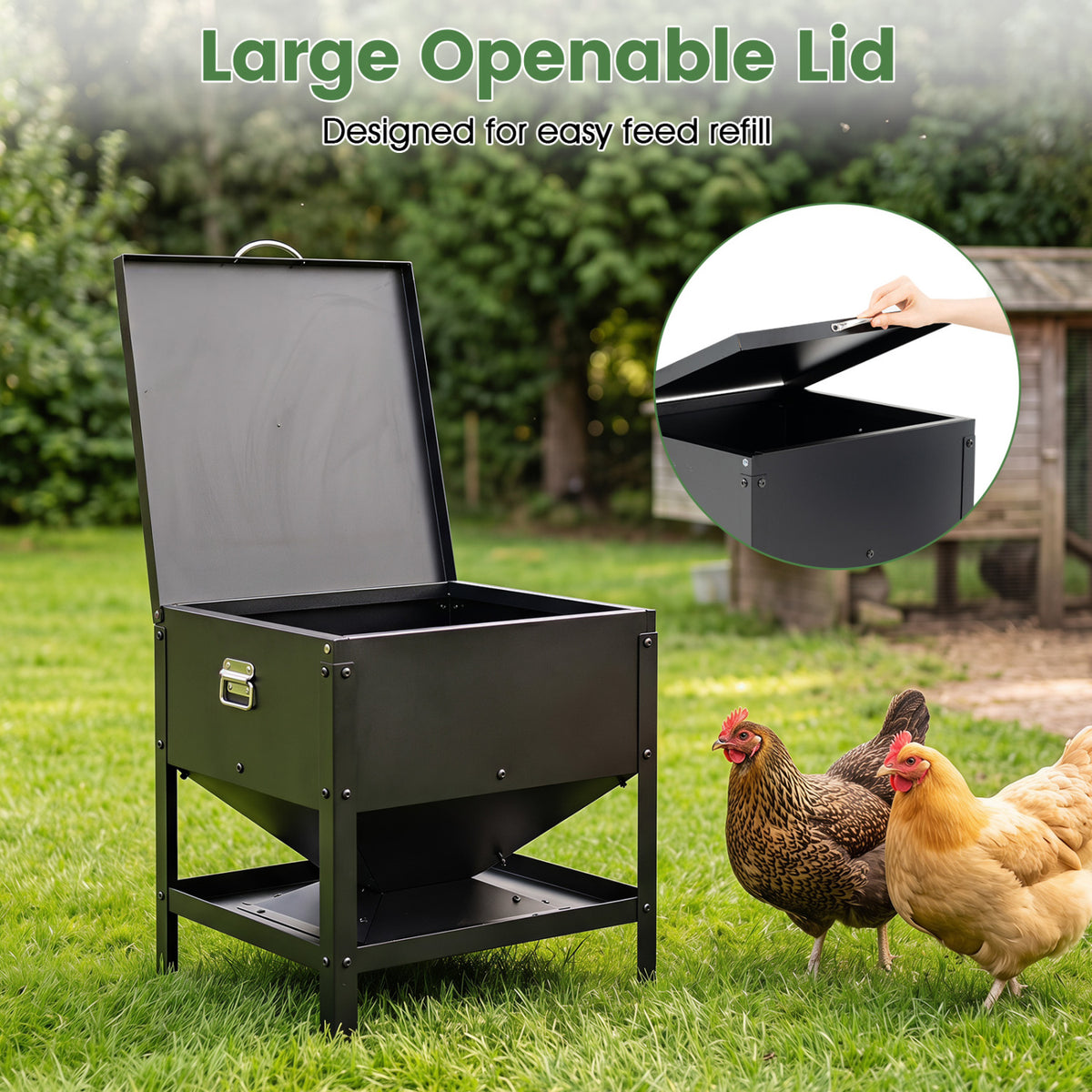 Large Capacity Chicken Feeding Box with Openable Lid-Black view 8