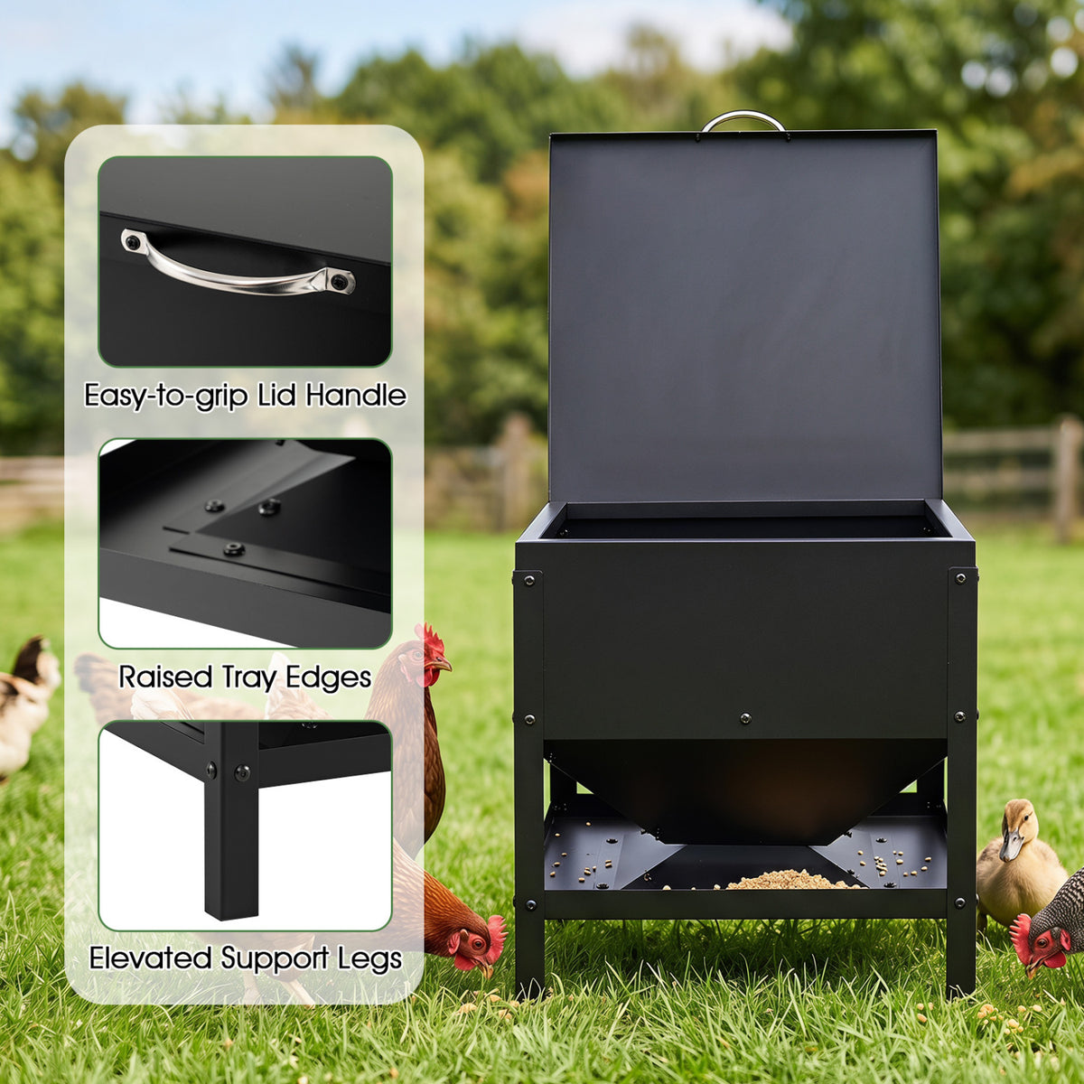 Large Capacity Chicken Feeding Box with Openable Lid-Black view 9