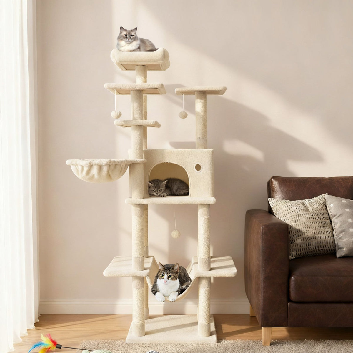 Large Cat Tree for Indoor Cats 63 inches Tall Cat Tower-Beige view 2