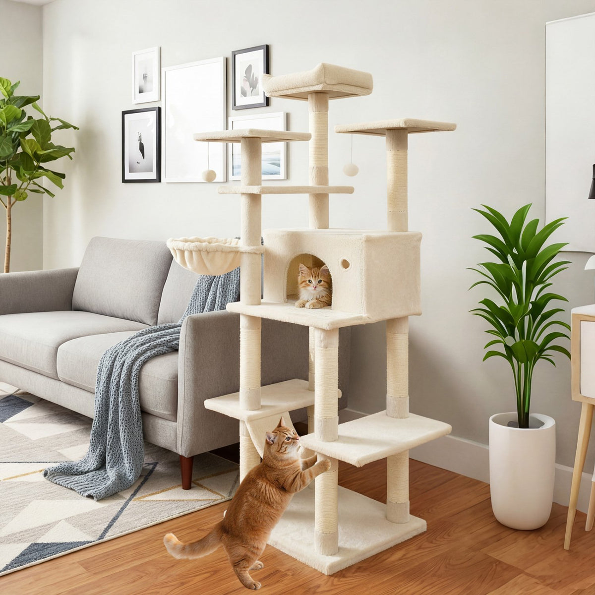 Large Cat Tree for Indoor Cats 63 inches Tall Cat Tower-Beige view 3