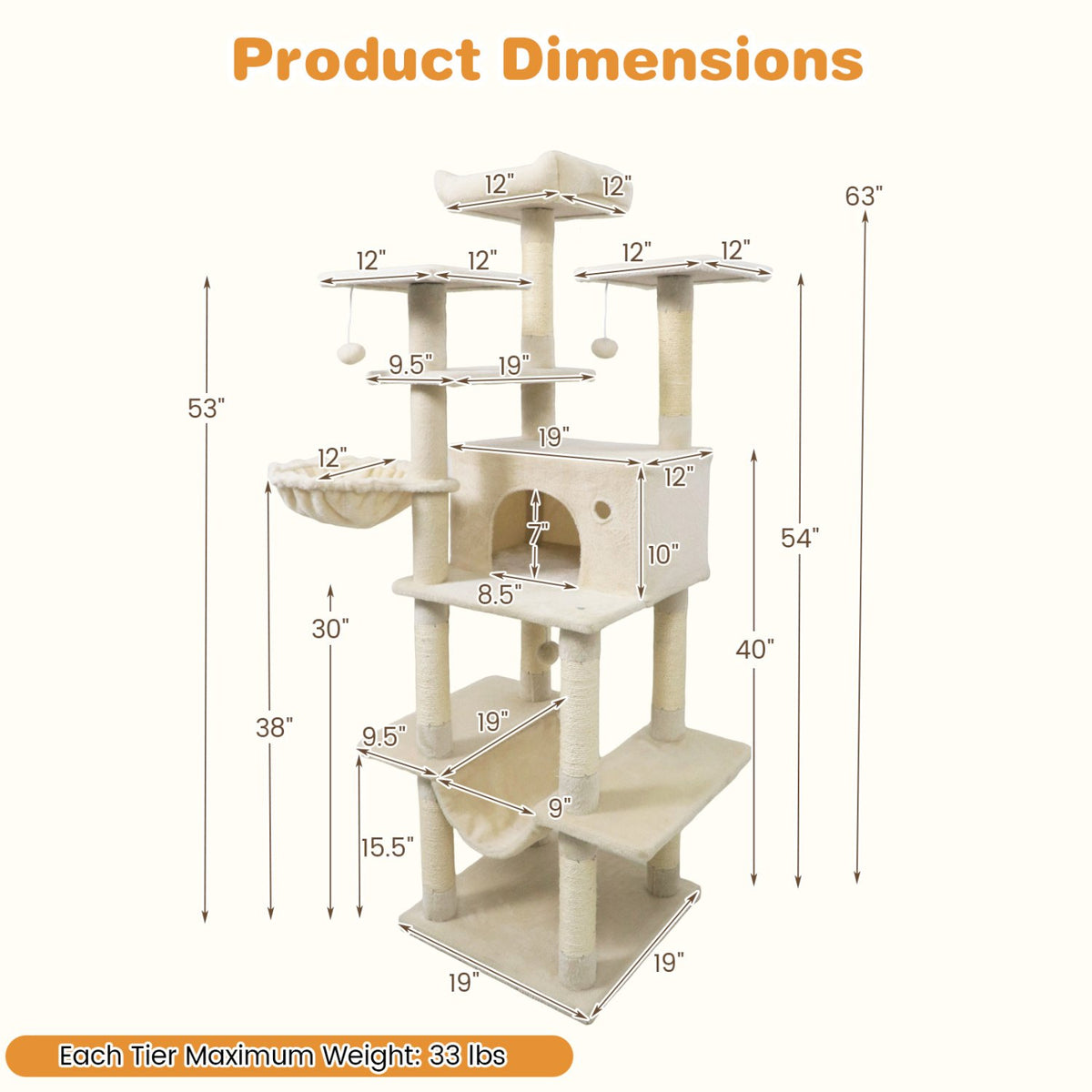 Large Cat Tree for Indoor Cats 63 inches Tall Cat Tower-Beige view 5