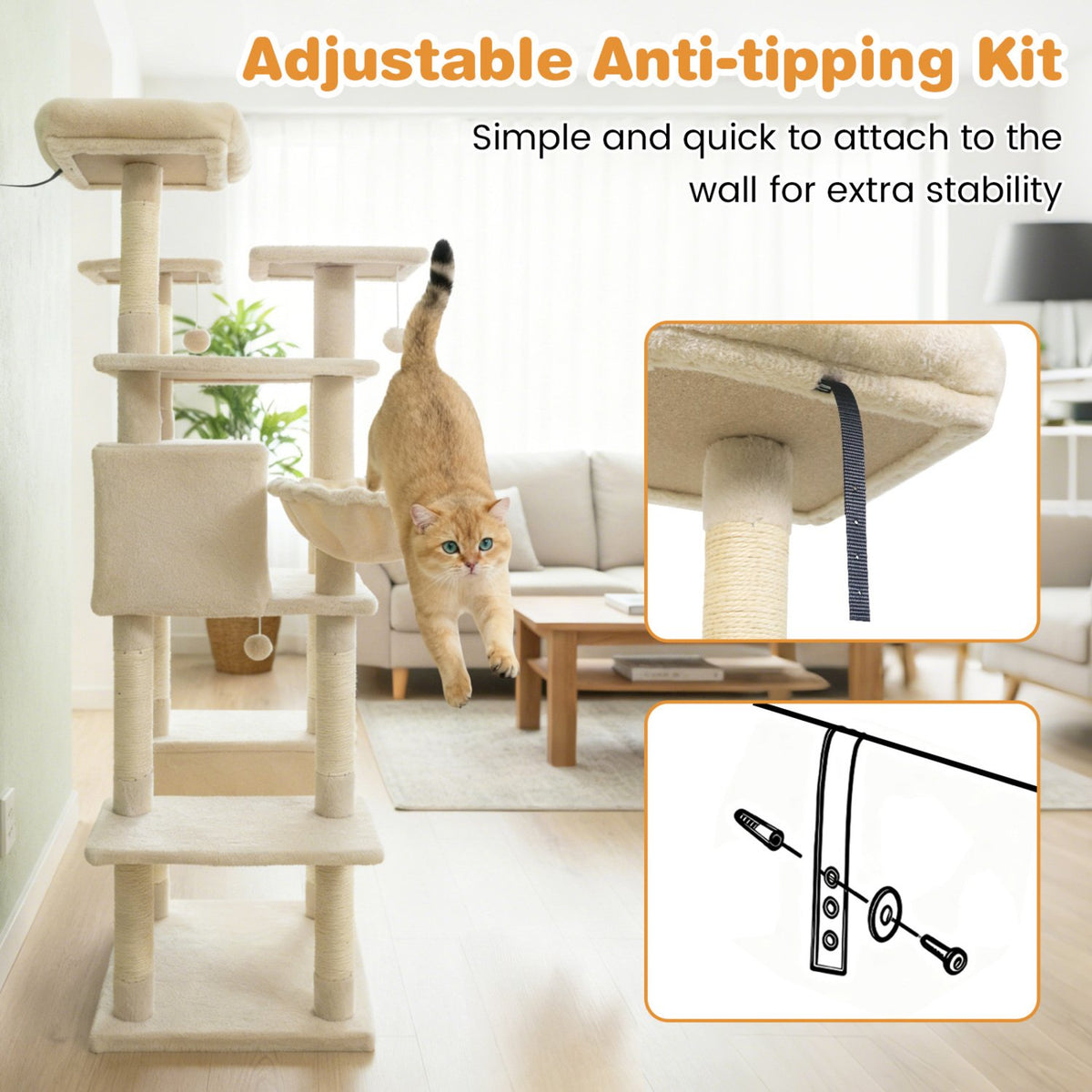 Large Cat Tree for Indoor Cats 63 inches Tall Cat Tower-Beige view 7