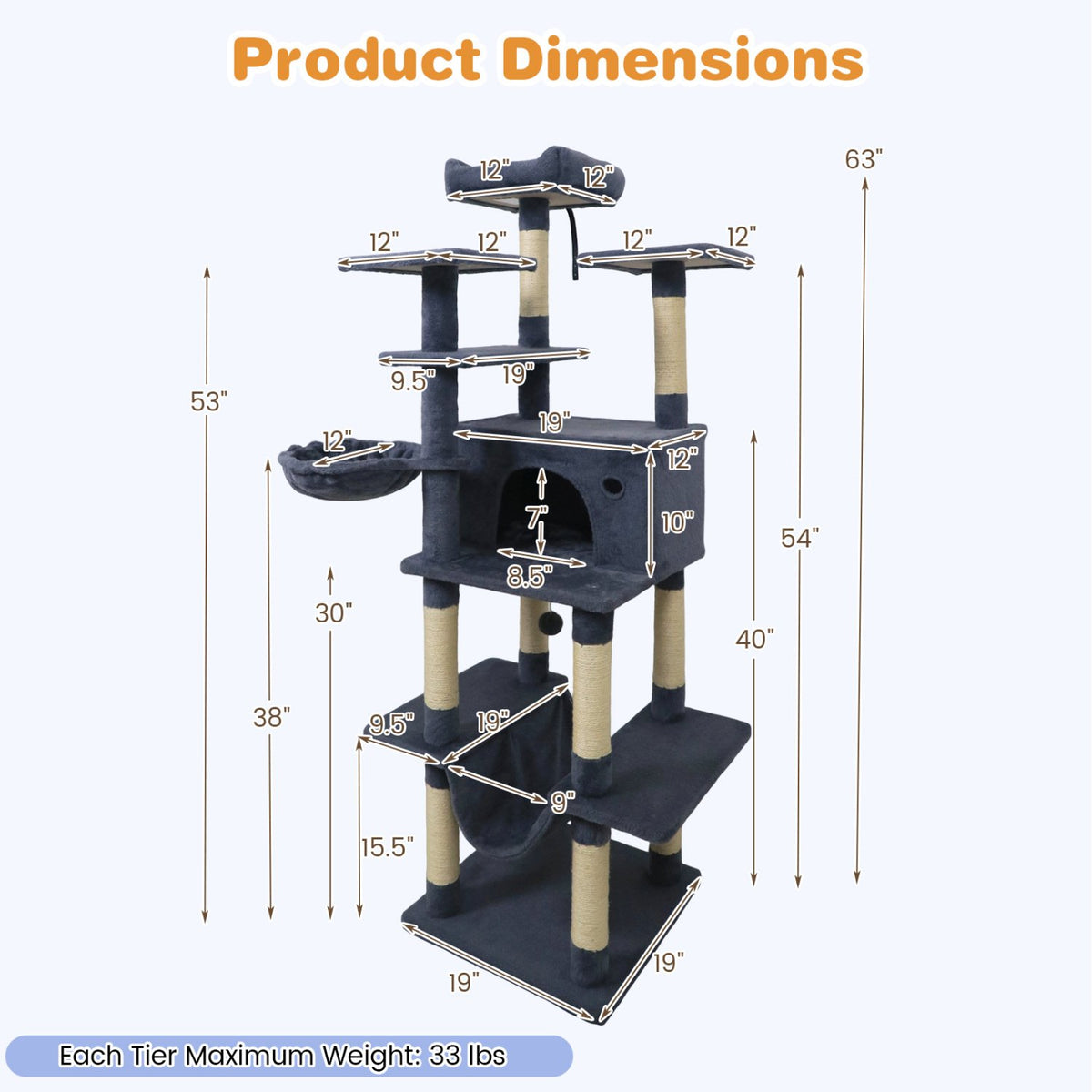 Large Cat Tree for Indoor Cats 63 inches Tall Cat Tower-Dark Gray view 5