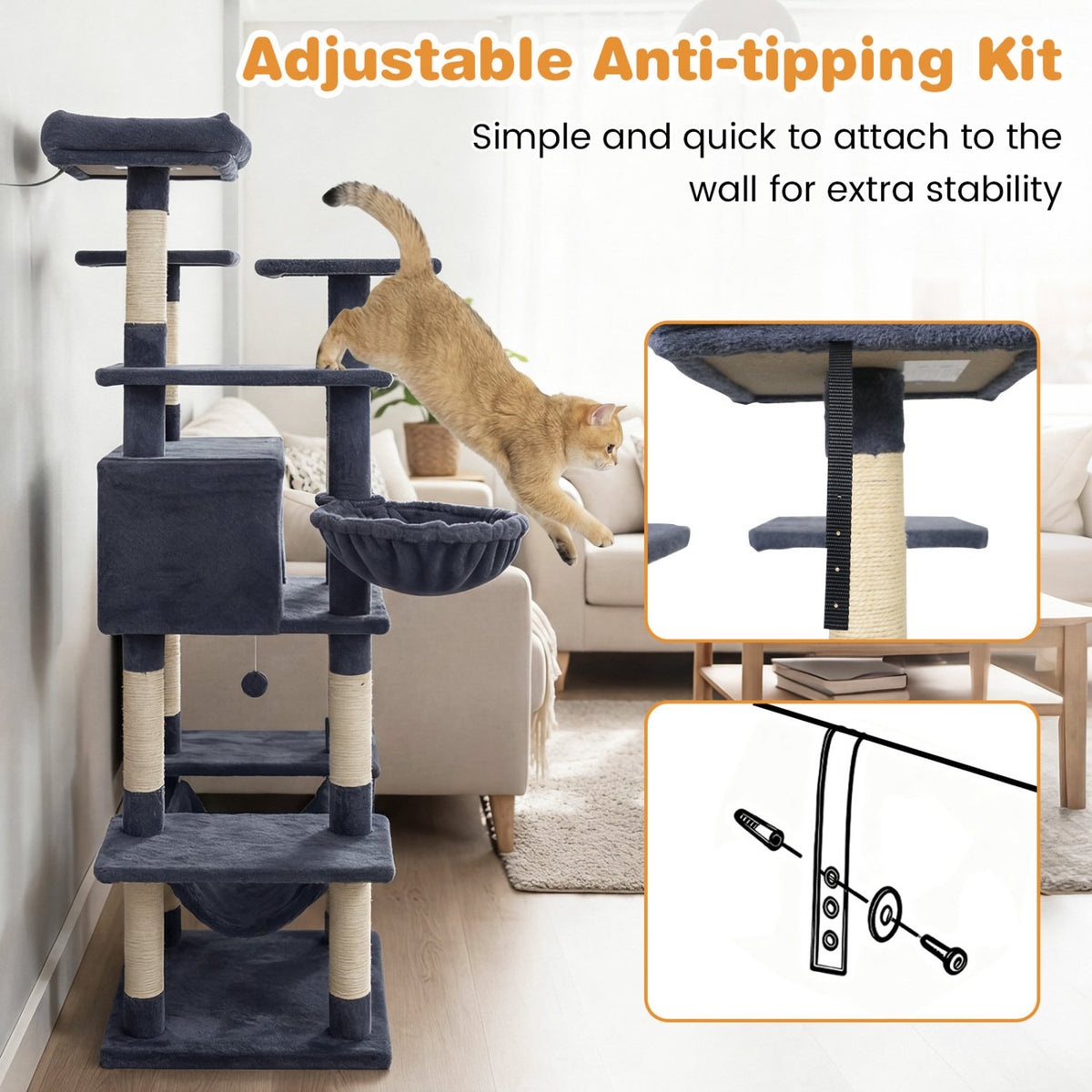 Large Cat Tree for Indoor Cats 63 inches Tall Cat Tower-Dark Gray view 7