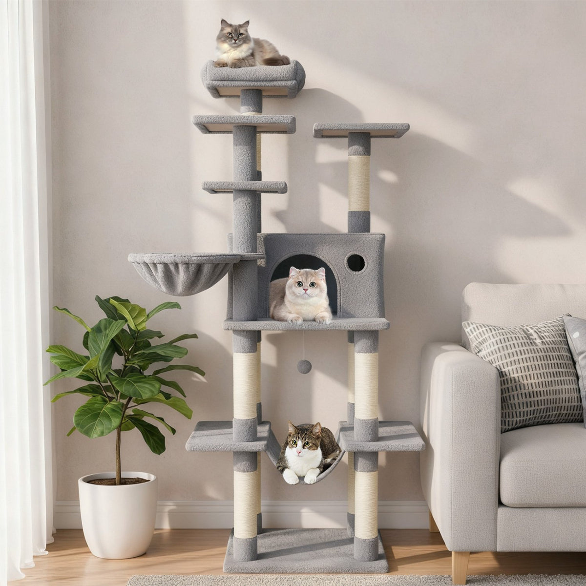 Large Cat Tree for Indoor Cats 63 inches Tall Cat Tower-Lght Gray view 2