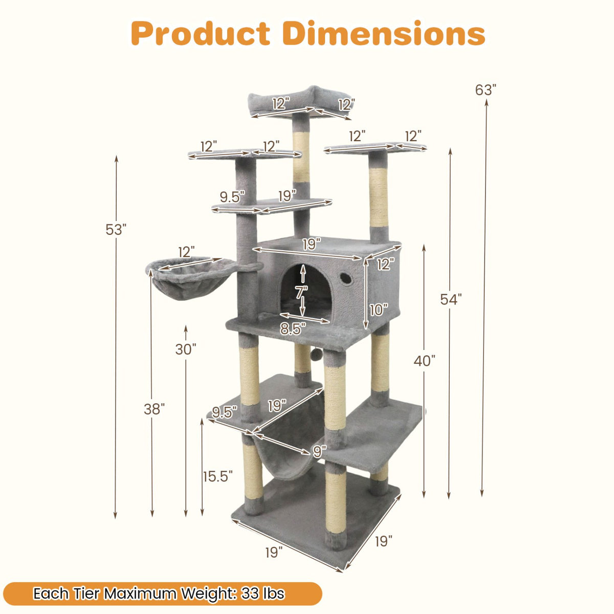 Large Cat Tree for Indoor Cats 63 inches Tall Cat Tower-Lght Gray view 5
