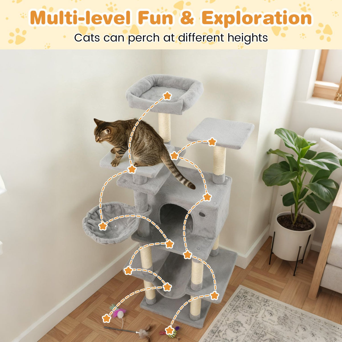 Large Cat Tree for Indoor Cats 63 inches Tall Cat Tower-Lght Gray view 6