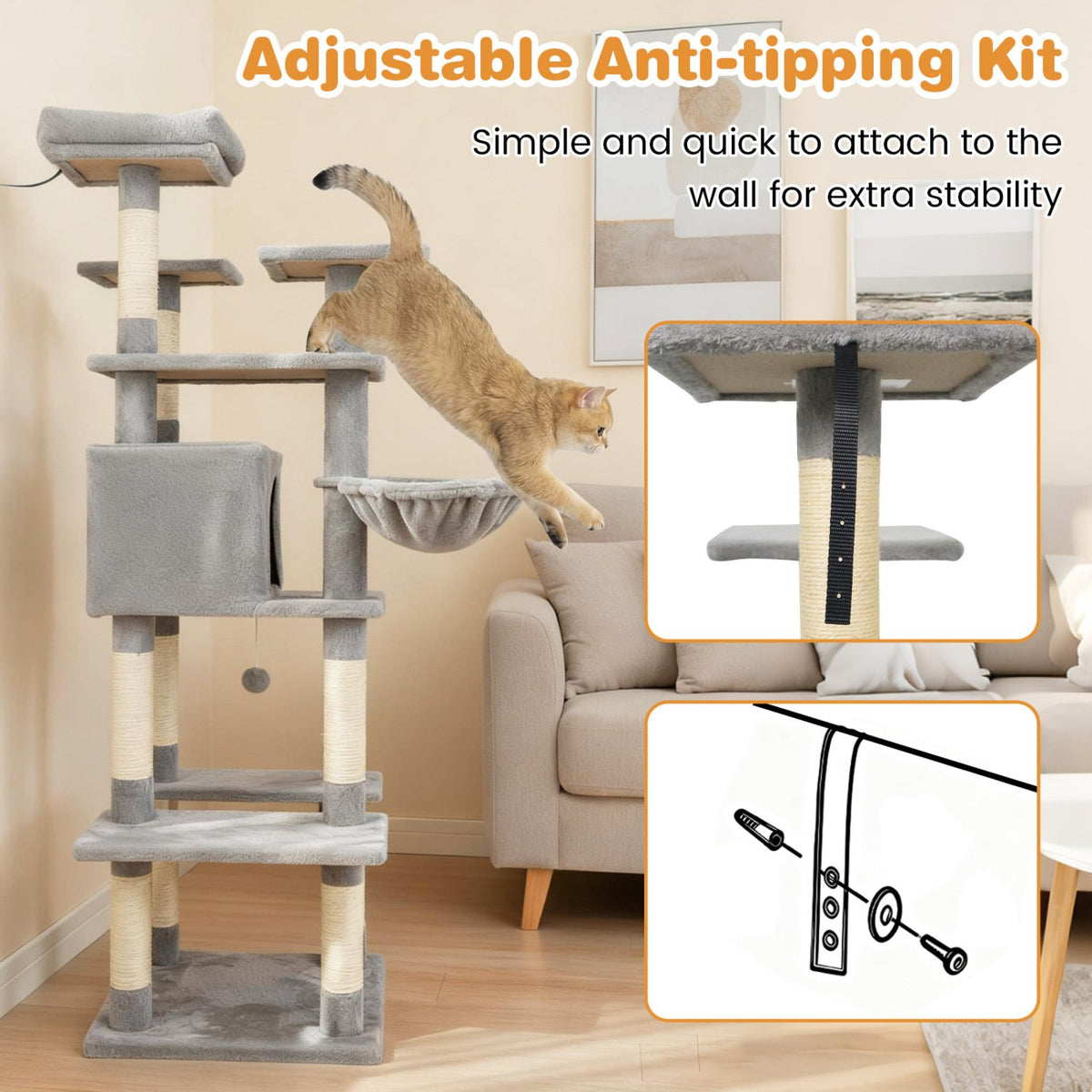 Large Cat Tree for Indoor Cats 63 inches Tall Cat Tower-Lght Gray view 7