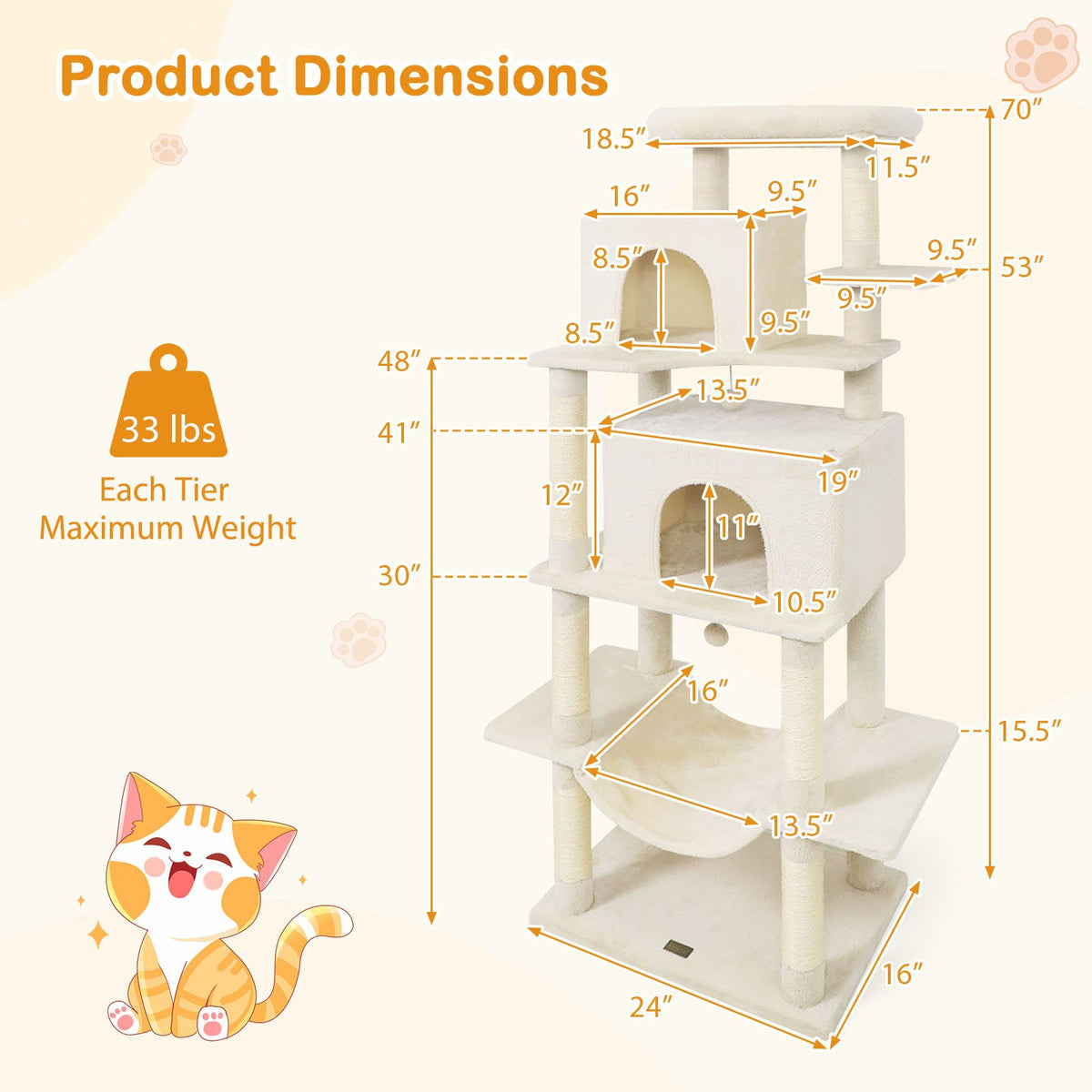 Large Cat Tree for Indoor Cats 70 inches Tall Cat Tower-Beige view 5
