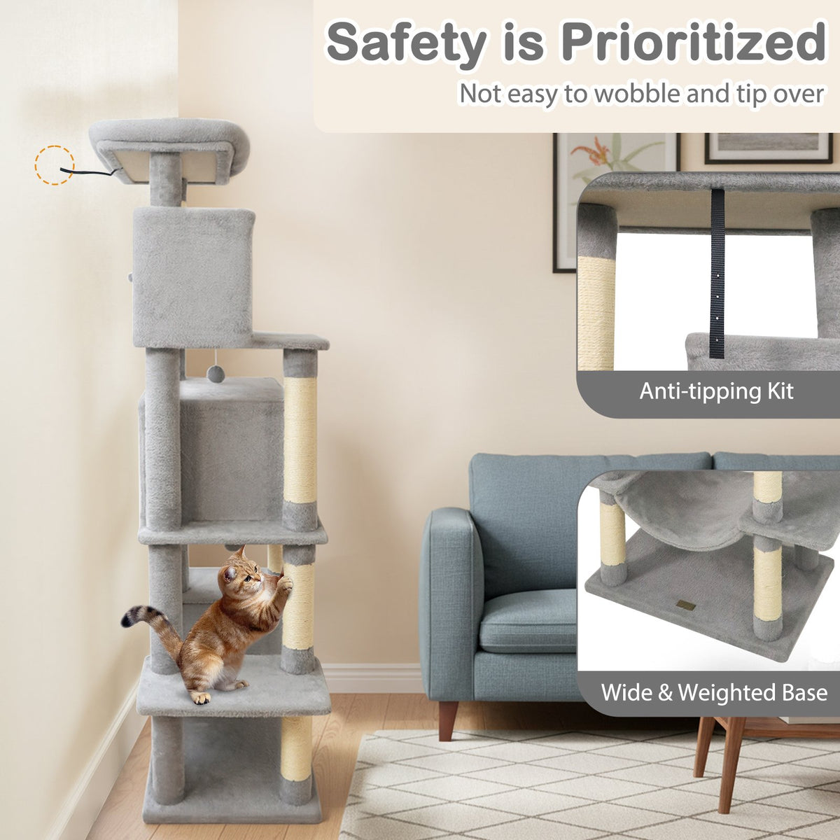 Large Cat Tree for Indoor Cats 70 inches Tall Cat Tower-Light Gray view 7