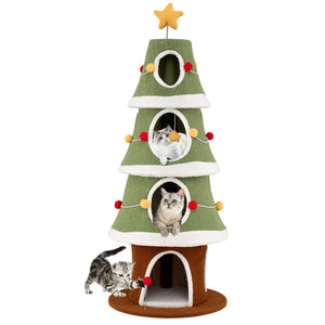 Large Christmas Cat Tree for Indoor Cats 61 Inch Cute Cat Tower with 4 Condos-Green