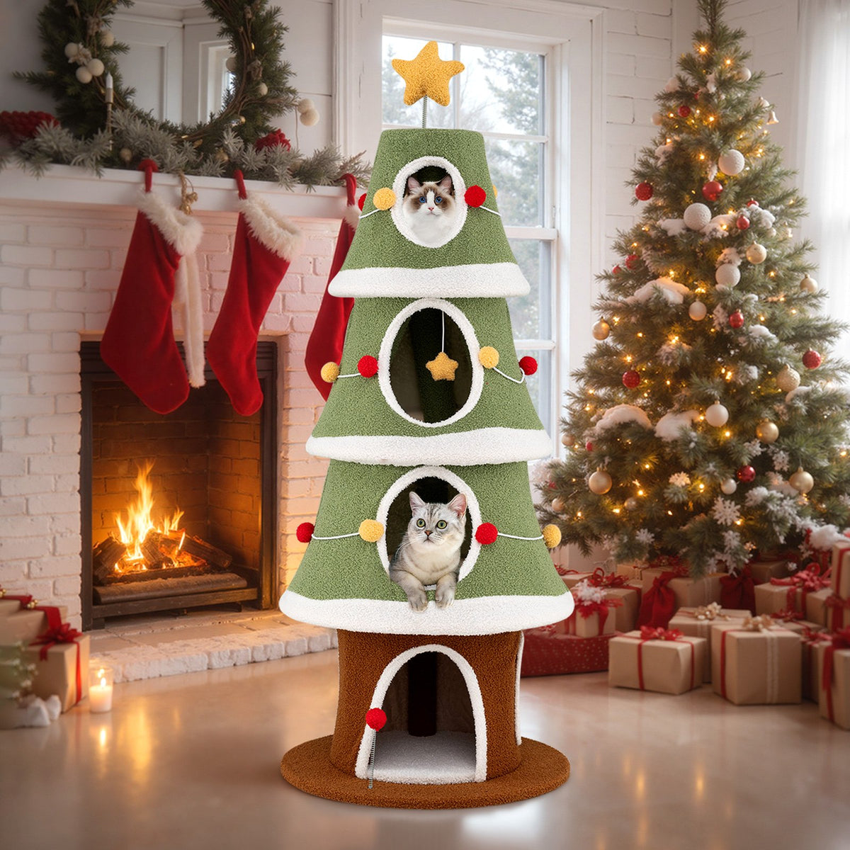 Large Christmas Cat Tree for Indoor Cats 61 Inch Cute Cat Tower with 4 Condos-Green view 2
