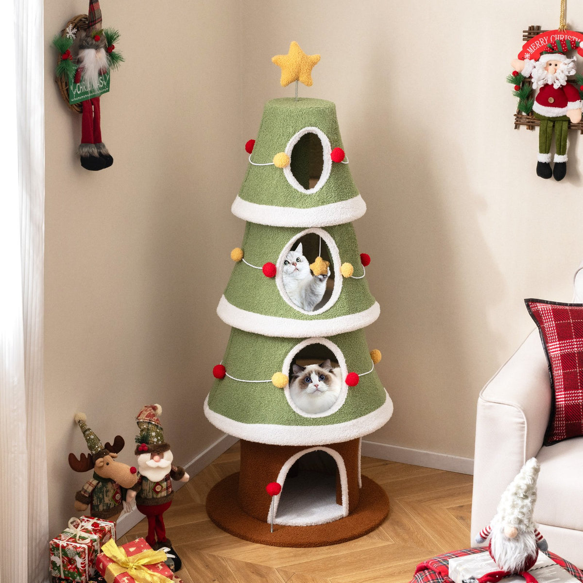 Large Christmas Cat Tree for Indoor Cats 61 Inch Cute Cat Tower with 4 Condos-Green view 3