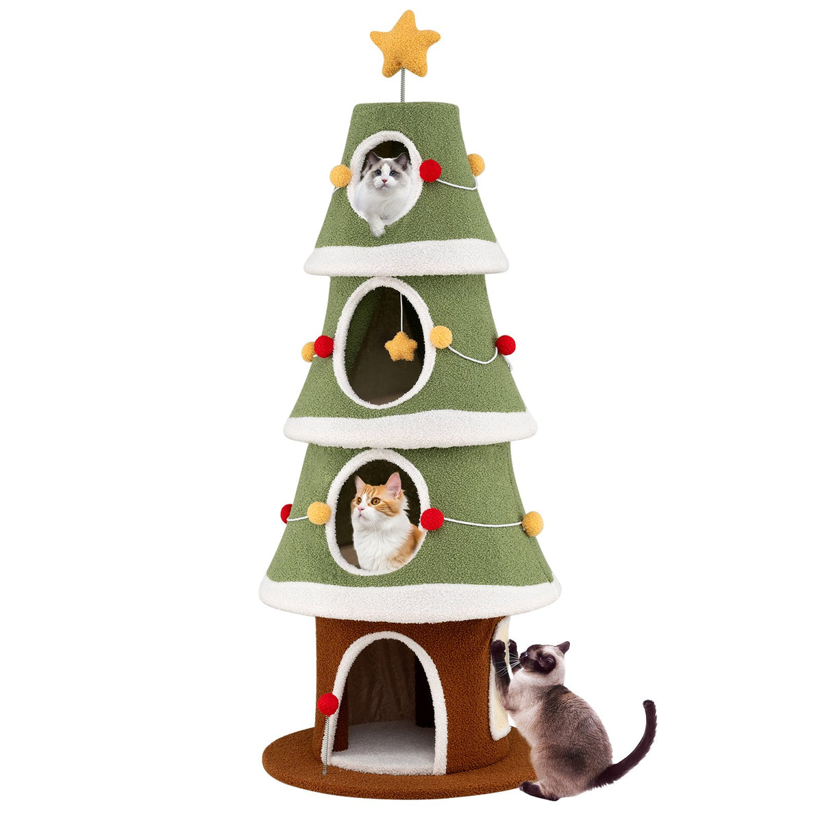 Large Christmas Cat Tree for Indoor Cats 61 Inch Cute Cat Tower with 4 Condos-Green view 4
