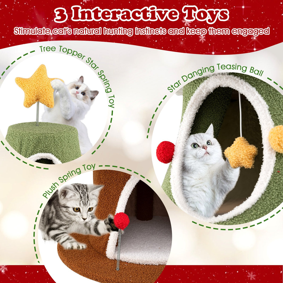 Large Christmas Cat Tree for Indoor Cats 61 Inch Cute Cat Tower with 4 Condos-Green view 7