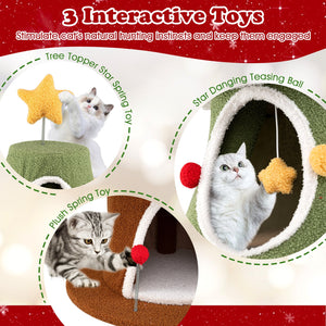 Large Christmas Cat Tree for Indoor Cats 61 Inch Cute Cat Tower with 4 Condos-Green view 7