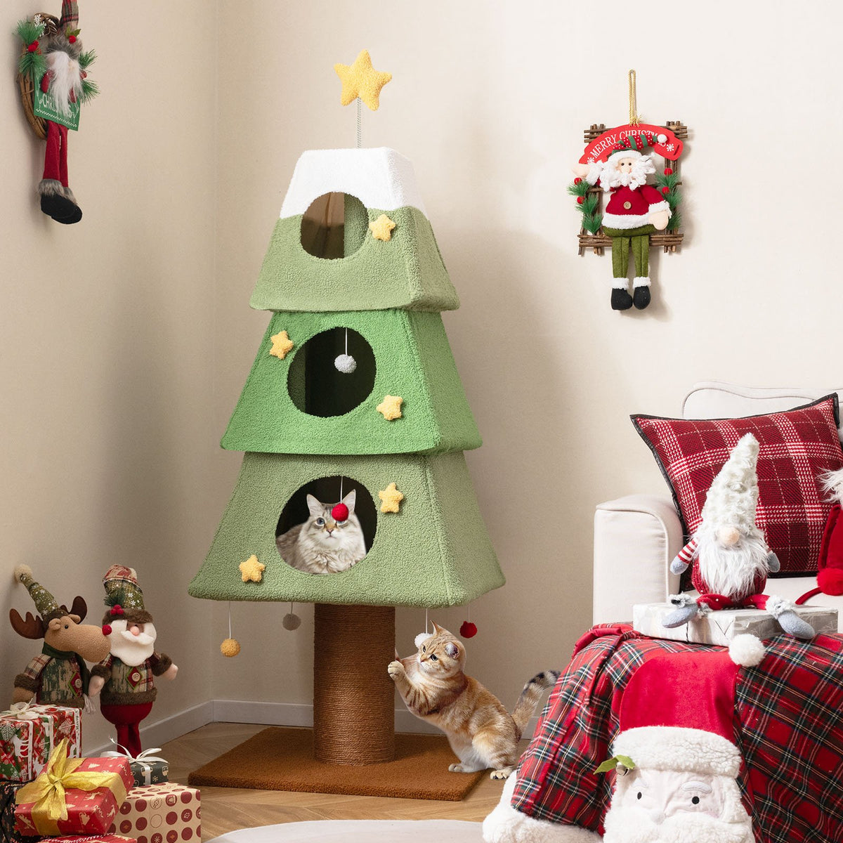 Large Christmas Cat Tree for Indoor Cats 64 inches Cute Cat Tower with 3 Condos-Green view 3